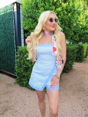 Striped Light Blue Strapless Mini Romper